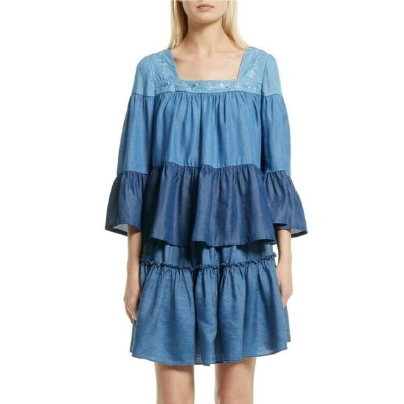 Kate Spade Square Neck Tiered Top Womens Smocked Blue Floral Embroidery Chambray - Picture 6 of 8